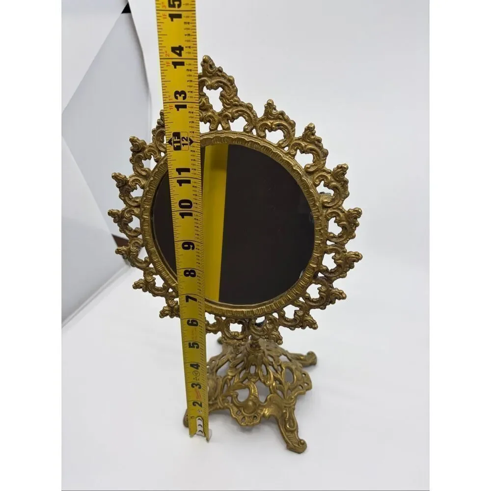 Vintage Ornate Brass Standing Adjustable Swivel Makeup Vanity Mirror Frame Swive